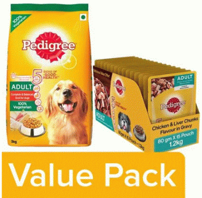 Pedigree Dry Veggie 3kg+Wet Chicken & Liver Chunks in Gravy 70gx